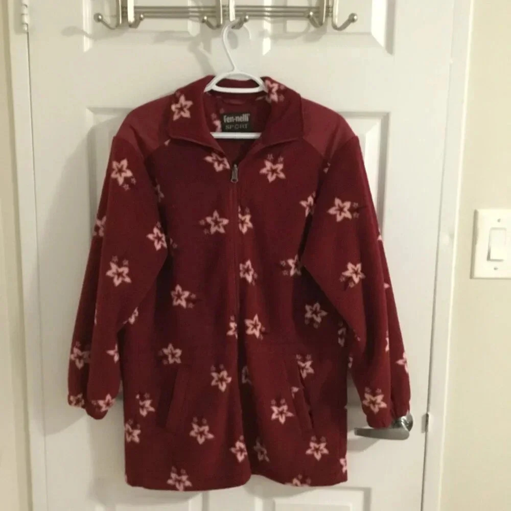 Vintage Fen.nelli SPORT long floral fleece jacket in Red and  white - Size 7/ 8